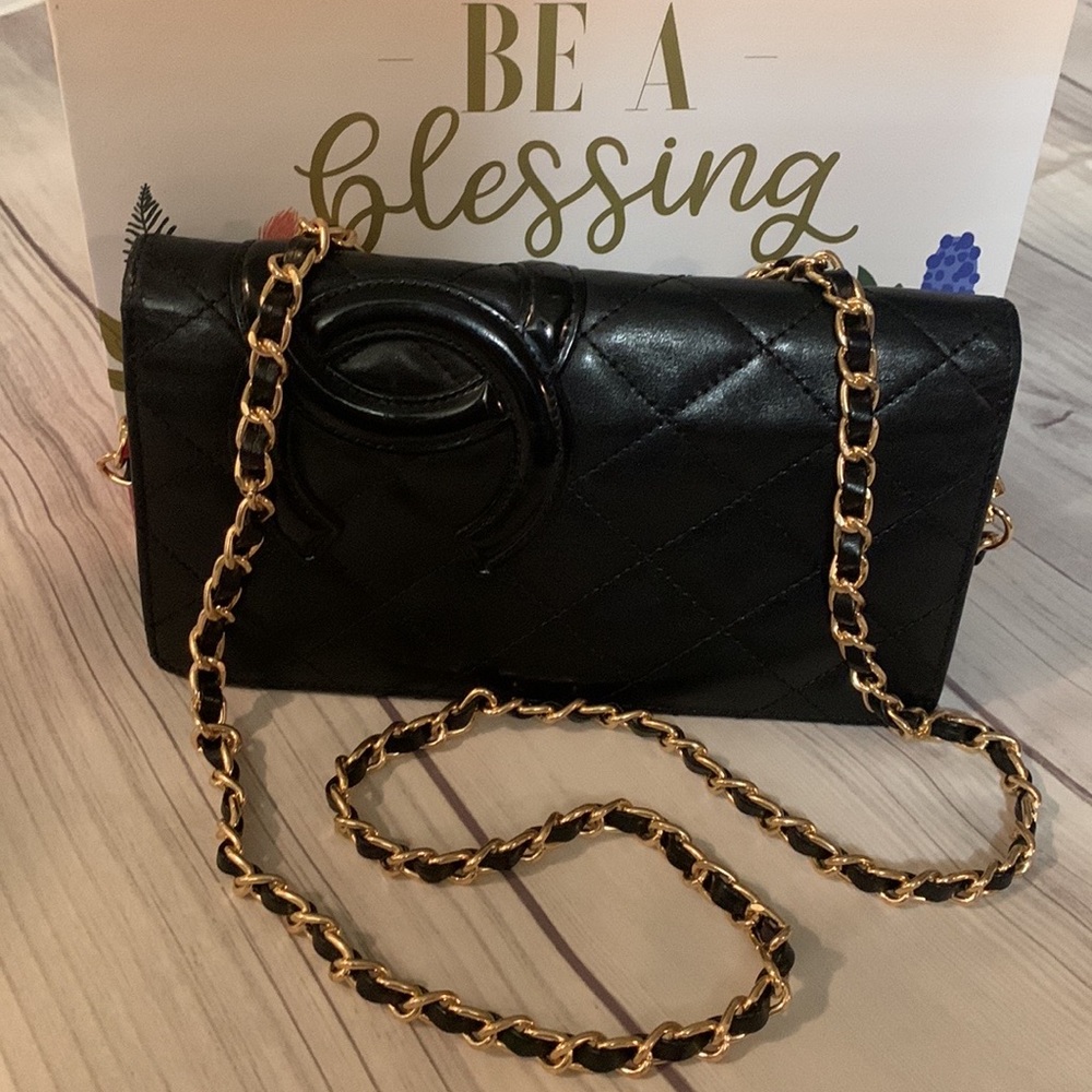 Authentic CHANEL Lamb Skin Cambon line CC logo long wallet Crossbody black